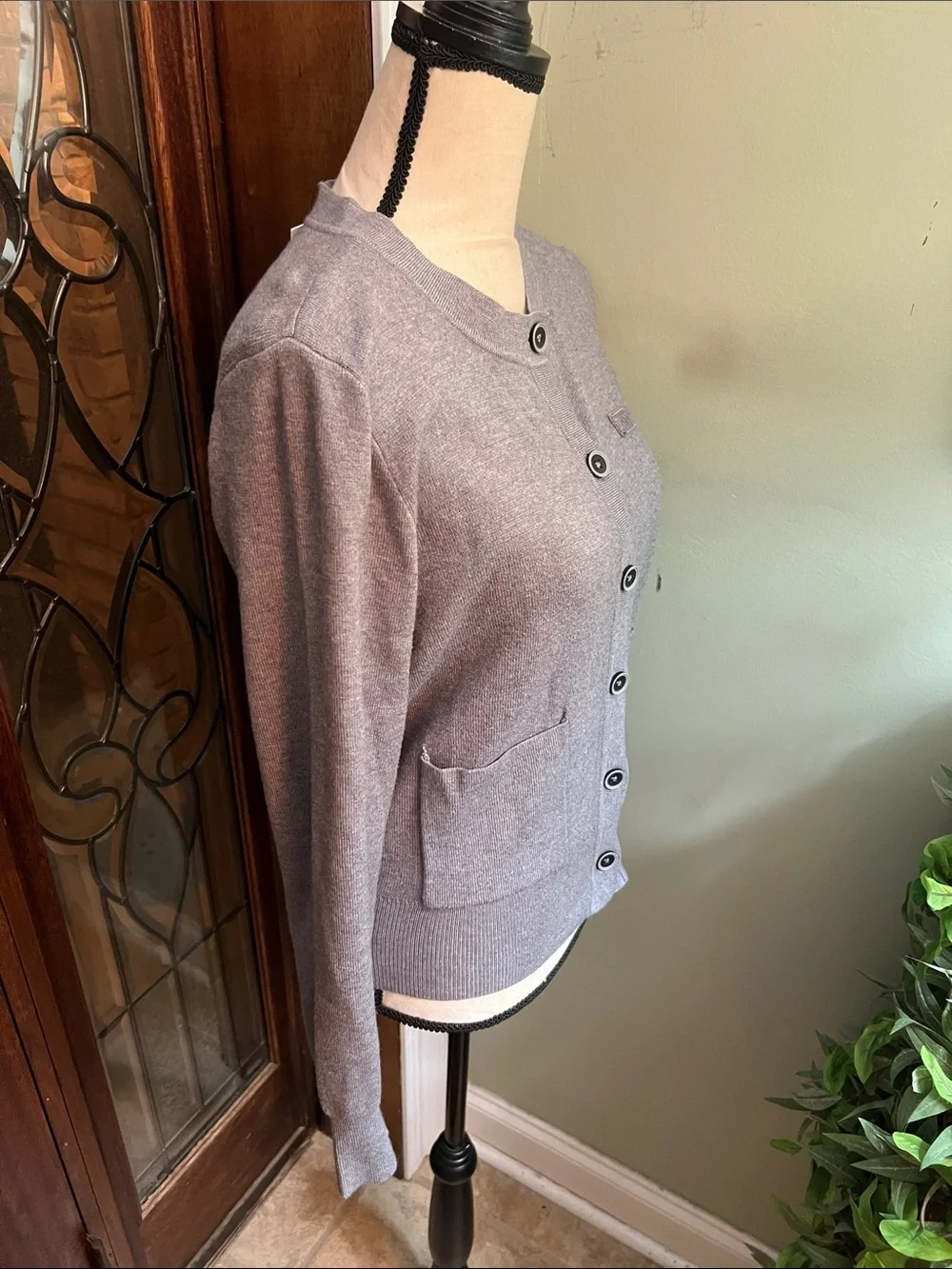 DKNY Light Gray Button-Front Knit Cardigan